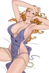  1girl absurdres arm_on_head armpits arms_up blue_dress breasts brown_eyes collarbone dress groin highres large_breasts long_hair looking_at_viewer lying nami_(one_piece) on_back one_piece open_mouth orange_hair orange_nails pelvic_curtain plunging_neckline solo thighs uukkaa wavy_hair white_background 