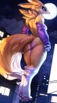  2023 anthro armwear bandai_namco breasts butt city clothing cloud digimon digimon_(species) digital_media_(artwork) dipstick_ears feet female fingers full_moon fur hi_res kawfee looking_at_viewer moon mostly_nude multicolored_ears night outside powerlines rear_view renamon solo toes 