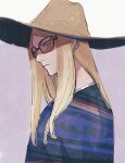  blonde_hair blue_eyes brown_headwear commentary_request cowboy_hat fate/grand_order fate_(series) hat highres lv1na_ura poncho print_poncho shaded_face sidelocks sunglasses tezcatlipoca_(fate) two-tone_background 