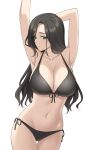  1girl aemu_(august_life) armpits arms_up bare_shoulders bikini black_bikini black_hair breasts cleavage halterneck highres large_breasts long_hair navel original side-tie_bikini_bottom solo swimsuit white_background 