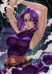  1girl ammunition_belt armpits arms_up bare_shoulders boku_no_hero_academia breasts commentary_request english_commentary grabbing_own_arm highres lady_nagant lightning lips looking_to_the_side magion02 medium_breasts mixed-language_commentary purple_eyes purple_hair rain short_hair sideboob solo upper_body 