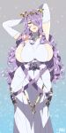  1girl absurdres arms_behind_head blue_background breasts camilla_(adrift)_(fire_emblem) camilla_(fire_emblem) closed_mouth curvy dress elbow_gloves fire_emblem fire_emblem_fates fire_emblem_heroes gloves grey_background hair_over_one_eye highres horns huge_breasts lips lipstick long_hair looking_at_viewer makeup mature_female pink_lips plump purple_eyes purple_hair r3dfive sideboob smile solo sparkle standing very_long_hair wide_hips 