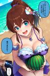  1boy 1girl beach bikini blue_eyes blue_sky blush breasts breasts_squeezed_together brown_hair cleavage cloud collarbone commentary_request day food frilled_bikini frills fruit hair_ornament highres holding holding_food holding_fruit horizon idolmaster idolmaster_million_live! idolmaster_million_live!_theater_days jewelry kamille_(vcx68) looking_at_viewer medium_breasts melon necklace ocean open_mouth outdoors ponytail producer_(idolmaster) purple_bikini sand satake_minako sidelocks sky smile speech_bubble swimsuit thinking translation_request water 