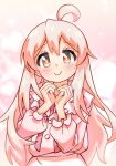  1girl ahoge brown_eyes commentary_request hair_between_eyes heart heart_background heart_hands highres light_blush long_hair long_sleeves looking_at_viewer nuurise2023 onii-chan_wa_oshimai! outline oyama_mahiro pink_background pink_hair puffy_long_sleeves puffy_sleeves revision simple_background smile solo upper_body very_long_hair white_outline 