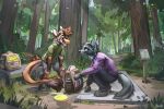  2022 amazing_background anthro barefoot camping canid canine canis clothed clothing detailed detailed_background dragon duo feet forest fur furred_dragon hi_res horn jacato male mammal plant tree wolf 