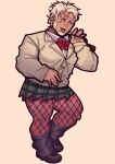  1boy absurdres alternate_costume bag bara beard boarsunrise boots bow bowtie brown_jacket contrapposto cosplay cross_scar crossdressing ellie_(housamo) ellie_(housamo)_(cosplay) facial_hair fangs fishnet_pantyhose fishnets hand_up highres jacket kresnik_(housamo) large_pectorals looking_to_the_side male_focus mature_male muscular muscular_male pantyhose pectorals pleated_skirt red_bow red_bowtie scar scar_on_face scar_on_forehead short_hair skirt smile solo thighs tokyo_afterschool_summoners 