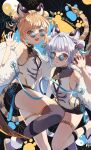  2girls ahoge animal_ears bai_(granblue_fantasy) bare_shoulders blonde_hair breasts brown_eyes cleavage_cutout clothing_cutout cosplay double_bun erune fang granblue_fantasy grey_hair hair_bun hair_intakes hair_ornament highres huang_(granblue_fantasy) ikenotori looking_at_viewer multiple_girls open_mouth paw_print shirt short_hair siblings silverroar&#039;s_swiftclaw_(granblue_fantasy) sisters sleeveless sleeveless_shirt small_breasts smile sunglasses tail tail_ornament thighhighs tiger_ears tiger_stripes tiger_tail twins twintails twitter_username yin_yang 