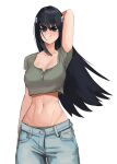  1girl absurdres arm_at_side arm_behind_head black_hair blue_eyes blue_pants blush breasts cleavage closed_mouth collarbone crop_top denim expressionless floating_hair hair_ornament highres jeans kill_la_kill kiryuuin_satsuki large_breasts long_hair looking_at_viewer midriff navel panties pants panty_peek redrawn short_sleeves simple_background solo tefi_blum thick_eyebrows underwear v-shaped_eyebrows white_background 