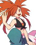  1girl bare_arms breasts cleavage collarbone f_j_p_r fjhanauta flannery_(pokemon) highres midriff navel open_mouth pokemon pokemon_oras red_eyes red_hair shirt simple_background solo tied_shirt white_background 