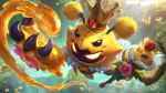  2boys absurdres alien bee bee&#039;maw bee_wings beemo bug cat claws crown flying glowing glowing_eyes grass highres holding holding_staff honey kog&#039;maw league_of_legends multiple_boys official_alternate_costume official_art outdoors solo_focus staff teemo tree veigar wings yellow_eyes yordle yuubee yuumi_(league_of_legends) 