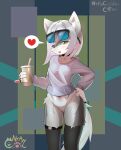  &lt;3 absurd_res anthro beverage black_body black_fur chest_tuft claws clothing collar eyewear female finger_claws fur green_eyes hair hi_res hoodie inner_ear_fluff legwear nrpwccold221 pawpads silver_hair solo stockings sunglasses thigh_highs tongue topwear tuft white_body white_fur 