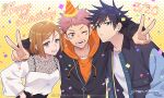  1girl 2boys black_bra black_hair black_jacket bra brown_eyes brown_hair fushiguro_megumi happy_birthday hood hoodie itadori_yuuji jacket jujutsu_kaisen kugisaki_nobara long_sleeves multiple_boys nightcat one_eye_closed open_mouth orange_hoodie pink_hair shirt short_hair smile spiked_hair underwear v white_shirt 