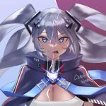  1girl annoyed aragiken arc_reactor azur_lane blue_cape blue_cloak blue_eyes breasts cape cleavage cloak commission dress grey_hair hair_between_eyes hair_ornament highres intrepid_(azur_lane) large_breasts lightning looking_at_viewer mole mole_on_breast sidelocks simple_background smile split_theme strap two-tone_background two_side_up upper_body white_dress zipper 