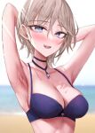  1girl absurdres anastasia_(idolmaster) arm_up armpits arms_behind_head arms_up bare_shoulders beach bikini blue_eyes blurry blurry_background blush breasts choker cleavage cowboy_shot day gem hair_between_eyes highres idolmaster idolmaster_cinderella_girls jewelry looking_at_viewer medium_breasts necklace ocean open_mouth outdoors purple_bikini rum_raisin_(chihiromakita19) short_hair smile solo standing sunlight swimsuit thick_eyelashes wet white_hair 