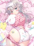  1girl ahoge blonde_hair blue_eyes blush commentary food_print frills hair_ornament hairclip heart heart_pillow long_hair original pajamas panties picpicgram pillow sleep_mask solo star_pillow strawberry_print stuffed_toy symbol-only_commentary underwear white_panties 