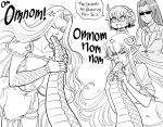  4girls absurdres anger_vein bb_(baalbuddy) breasts chewing claw_pose confrontation crossover fang fate/grand_order fate_(series) fujimaru_ritsuka_(female) gorgon_(fate) hair_ornament hairclip highres lamia large_breasts long_hair medusa_(fate) miia_(monster_musume) monster_girl monster_musume_no_iru_nichijou ms._smith multiple_girls navel pointy_ears riyo_(lyomsnpmp)_(style) scales shirt sound_effects sunglasses tied_shirt very_long_hair 