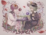  2girls black_dress black_headwear board_game chair chess dress floral_background floral_print green_hair komeiji_koishi komeiji_satori multiple_girls purple_hair sekisei_(superego51) table touhou white_background white_dress wooden_chair 