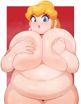  absurd_res belly big_breasts big_butt blonde_hair blue_eyes blush braffy breasts butt covering covering_breasts ear_piercing ear_ring female hair hand_on_breast hi_res huge_breasts human mammal mario_bros navel nintendo nude open_mouth piercing ponytail princess princess_peach ring_piercing royalty slightly_chubby solo thick_thighs wide_hips 