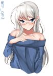  1girl ahoge armpit_crease bare_shoulders blue_eyes blue_sweater blush breasts commentary_request glasses grey_hair heywood_l._edwards_(kancolle) highres kantai_collection long_hair long_sleeves looking_at_viewer off-shoulder_sweater off_shoulder one-hour_drawing_challenge parted_lips ribbed_sweater semi-rimless_eyewear solo sweater tf_cafe twitter_username upper_body white_background 