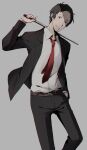  1boy adachi_tooru baton_(weapon) belt black_hair black_jacket black_pants brown_belt business_suit collared_shirt commentary_request feet_out_of_frame grey_background grey_eyes half-closed_eye hand_in_pocket hand_up highres jacket long_sleeves looking_at_viewer male_focus necktie pants persona persona_4 red_necktie shirt short_hair simple_background smile solo standing suit weapon white_shirt yoshino_saku 