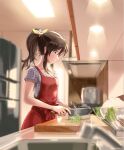  1girl apron blue_eyes blue_shirt blurry blurry_foreground bow brown_hair collarbone cooking cooking_pot cutting_board egg faucet from_side hair_bow hair_ribbon holding holding_knife idolmaster idolmaster_million_live! idolmaster_million_live!_theater_days indoors kitchen kitchen_knife knife long_hair looking_at_another ponytail pork red_apron refrigerator ribbon rice satake_minako shirt short_sleeves sidelocks smile solo spring_onion twitter_username u8_sc38x4 waist_bow yellow_ribbon 