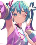  1girl ;) aida_takanobu arm_up armpits bare_shoulders blush breasts cleavage_cutout closed_mouth clothing_cutout green_hair hair_between_eyes hair_ornament hatsune_miku heart highres looking_at_viewer medium_hair one_eye_closed reaching reaching_towards_viewer simple_background small_breasts smile solo star_(symbol) twitter_username upper_body vocaloid white_background 