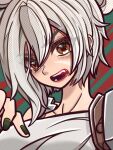  1girl brown_eyes fingernails grey_hair hair_between_eyes highres kawaguti_kappa league_of_legends looking_at_viewer open_mouth riven_(league_of_legends) smile solo teeth upper_body 