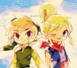  1boy 1girl closed_mouth commentary green_shirt hat highres link looking_at_viewer one_eye_closed pointy_ears red_scarf scarf shirt short_hair smile tetra the_legend_of_zelda the_legend_of_zelda:_the_wind_waker tokuura toon_link tunic 