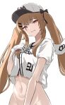  1girl :3 baseball_cap bottomless breasts brown_hair girls&#039;_frontline gloves groin hair_ornament hairclip hat highres long_hair looking_at_viewer mutugorou_u navel pink_eyes scar scar_across_eye simple_background solo twintails ump9_(girls&#039;_frontline) white_background white_gloves 