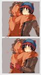  2boys beanie blue_headwear blush brown_jacket commentary_request gloves grey_background hat highres hood hoodie hug iampenguinj jacket kenny_mccormick male_focus multiple_boys orange_hoodie parka red_gloves simple_background south_park stan_marsh yaoi 