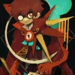  1boy black_background bright_pupils brown_hair cape chain clock clock_hands expressionless glasses hair_between_eyes klug_(puyopuyo) long_sleeves looking_at_viewer male_focus messy_hair nananameless opaque_glasses partially_opaque_glasses puyopuyo red_cape red_eyes round_eyewear short_hair solo strange_klug white_pupils 
