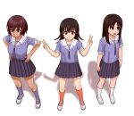  3girls :d arms_at_sides azumanga_daioh azumanga_daioh&#039;s_school_uniform black_ribbon blue_serafuku blue_shirt blue_skirt blue_socks blush_stickers bonklers breasts brown_eyes brown_hair commentary dark-skinned_female dark_skin double_v dress_shirt expressionless from_above full_body hands_on_own_hips highres kagura_(azumanga_daioh) kamisuki kasuga_ayumu kneehighs large_breasts long_hair looking_ahead looking_at_viewer looking_to_the_side medium_hair multiple_girls neck_ribbon orange_socks perspective pleated_skirt ribbon school_uniform serafuku shadow shirt shoes short_hair short_sleeves side-by-side simple_background skirt small_breasts smile socks takino_tomo uwabaki v v-shaped_eyebrows very_short_hair w_arms white_background white_footwear white_socks winter_uniform 