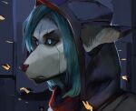  2020 akrolayn ambiguous_gender anthro black_ears black_sclera blue_eyes blue_hair blue_markings canid canine clothing detailed_background digital_media_(artwork) digital_painting_(artwork) grey_inner_ear hair headshot_portrait hood hoodie killzone looking_aside mammal markings particles portrait solo sony_corporation sony_interactive_entertainment three-quarter_view topwear white_face 