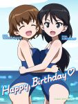  2girls :d artist_name birthday black_hair blue_eyes blue_one-piece_swimsuit blue_sky blurry blurry_background breast_press breasts brown_hair character_name closed_eyes dated day english_text facing_viewer freckles from_side girls_und_panzer happy_birthday heart highres horizon hug kubota_rin leaning_forward long_hair looking_at_viewer low-tied_long_hair multiple_girls naotosi ocean one-piece_swimsuit outdoors school_swimsuit short_hair sky small_breasts smile standing swimsuit symmetrical_docking tsuchiya_(girls_und_panzer) 