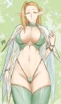  1girl blonde_hair breasts cape commentary cowboy_shot dinelind_(drill_(emilio)) drill_(emilio) elf green_background green_eyes highres large_breasts light_smile long_hair long_pointy_ears looking_at_viewer navel original pointy_ears simple_background solo stomach 