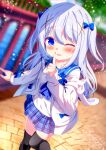  1girl artist_name black_thighhighs blue_bow blue_eyes blue_hair blue_skirt blurry blurry_background blush bow chinomaron collarbone day feet_out_of_frame fingernails gochuumon_wa_usagi_desu_ka? hair_between_eyes hair_bow hair_ornament highres index_finger_raised jacket kafuu_chino light_blue_hair long_hair long_sleeves looking_at_viewer one_eye_closed open_clothes open_jacket open_mouth outdoors plaid plaid_skirt pleated_skirt signature skirt smile solo thighhighs twitter_username white_jacket x_hair_ornament 