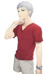  1boy cropped_legs grey_eyes grey_hair isa_(peien516) male_focus parted_lips persona persona_3 red_shirt sanada_akihiko shirt short_sleeves shorts simple_background solo sweat v-neck watch white_background wristwatch 
