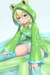  1girl animal_hood blue_eyes blue_thighhighs coat frog_hood frog_raincoat gleam green_coat green_hair hair_ornament hands_on_own_thighs highres hood hood_up kaeru_(sasaame) lily_pad looking_at_viewer medium_hair one-piece_swimsuit open_mouth original rain raincoat sasaame shiny_clothes simple_background sitting solo spread_legs swimsuit thighhighs twintails water water_drop wet wet_clothes white_one-piece_swimsuit wide_sleeves 
