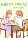  2girls bag brown_eyes brown_footwear brown_hair burger dating dress drink edamoto_haru food french_fries green_eyes handbag happy_birthday highres looking_at_another multiple_girls orange_hair ponytail purple_dress r-it-sum-io-17 red_footwear saeki_sayaka short_hair sitting white_bag yagate_kimi_ni_naru yellow_bag yuri 