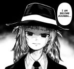  1girl collared_shirt crashlandstudio english_text fedora gawr_gura greyscale hat hololive hololive_english jacket looking_at_viewer monochrome necktie oppenheimer_(movie) shark_girl shirt solo virtual_youtuber 