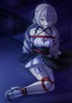  1girl absurdres arms_behind_back bare_shoulders bdsm bondage bound bound_ankles bound_arms bound_legs breasts bronya_zaychik cloth_gag crossed_bangs detached_sleeves dress drill_hair gag gagged gloves grey_eyes grey_hair hair_between_eyes highres honkai_(series) honkai_impact_3rd improvised_gag long_hair looking_at_viewer pink_pupils red_rope restrained rope shibari shibari_over_clothes single_thighhigh solo thighhighs twin_drills vakaosciosa white_dress 