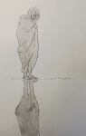  1girl barefoot blanket commentary full_body highres holding holding_blanket kgeroua long_hair original photo_(medium) reflection sketch solo standing 