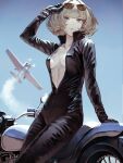  1girl aircraft airplane aviator_sunglasses biker_clothes bikesuit black_gloves blue_eyes blue_sky bodysuit breasts breasts_apart collarbone contrail eyewear_lift gloves green_eyes highres idolmaster idolmaster_cinderella_girls kaoming leaning_against_motorcycle light_brown_hair lips medium_breasts mole mole_under_eye motor_vehicle motorcycle outdoors partially_unzipped propeller sky solo sunglasses sweat takagaki_kaede 