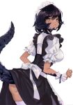  1girl ass_peek au_ra black_dress black_hair breasts cyobiro dragon_girl dragon_horns dragon_tail dress final_fantasy final_fantasy_xiv from_behind horns large_breasts looking_at_viewer looking_back maid maid_headdress scales short_hair solo tail thighhighs white_thighhighs wrist_cuffs yellow_eyes 