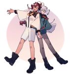  2girls :d absurdres ahoge ankle_boots asticassia_school_uniform black_footwear black_hairband boots border closed_mouth film_grain front-seamed_legwear gradient_background green_jacket green_shorts gundam gundam_suisei_no_majo hair_between_eyes hairband high_heel_boots high_heels highres holding_hands jacket keychain long_hair long_sleeves low-tied_long_hair miorine_rembran multiple_girls necktie open_mouth outline outside_border outstretched_arm pantyhose pin_(penco_co) pink_background purple_background red_hair red_necktie school_uniform seamed_legwear short_shorts shorts shoulder_boards simple_background smile suletta_mercury tan teeth thick_eyebrows upper_teeth_only white_border white_hair white_jacket white_outline white_shorts wide_sleeves yellow_necktie 