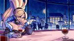  alcohol bare_shoulders blonde_hair breasts building cleavage dress earrings fur_collar fur_trim heterochromia high_ponytail hilda_(under_night_in-birth) jewelry large_breasts long_hair looking_at_viewer mogy64 moon ponytail scenery tagme under_night_in-birth very_long_hair wine 