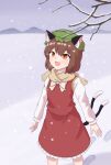  1girl animal_ear_fluff animal_ears bare_tree blurry blurry_foreground blush bow bowtie breasts breath brown_eyes brown_hair brown_scarf cat_ears cat_girl cat_tail chen cowboy_shot depth_of_field earrings fang frilled_skirt frills green_headwear hair_between_eyes hat highres hihi_(cvwv4322) jewelry long_sleeves medium_hair mob_cap mountainous_horizon multiple_tails nekomata open_mouth outdoors red_skirt red_vest scarf shirt single_earring skirt skirt_set small_breasts snow snowing solo tail touhou tree two_tails vest white_bow white_bowtie white_shirt winter 