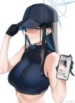  1girl bare_shoulders baseball_cap black_hair black_headwear black_shirt blue_archive blue_eyes blue_hair breasts cellphone cellphone_picture censored chest_harness crop_top english_text gloves halo harness hat highres holding holding_phone long_hair looking_at_viewer medium_breasts midriff mosaic_censoring no_mask phone ryudraw saori_(blue_archive) shirt sleeveless sleeveless_shirt snap-fit_buckle solo stomach sweatdrop white_background 