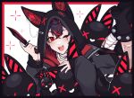  1boy animal_ear_hood animal_hood bandages black_footwear black_hair black_nails blood blood_on_bandages dog_hood eyebrow_piercing highres holding holding_knife hood hyuni_(hyunicat) knife kuro_kurenai legs_up looking_at_viewer medium_hair multicolored_hair nail_polish one_eye_closed open_mouth patchwork_skin piercing red_eyes red_hair smile spiked_boots streaked_hair virtual_youtuber vshojo 