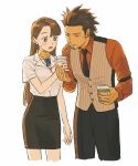  1boy 1girl ace_attorney asymmetrical_bangs beard black_necktie black_pants black_skirt blush brown_eyes brown_hair brown_vest collared_shirt cropped_legs cup diego_armando disposable_cup drinking drinking_straw drinking_straw_in_mouth earrings facial_hair grey_eyes highres holding holding_cup indirect_kiss jewelry long_hair long_sleeves magatama magatama_necklace mia_fey mole mole_under_mouth necklace necktie open_mouth pants pencil_skirt phoenix_wright:_ace_attorney_-_trials_and_tribulations red_shirt renshu_usodayo ring scarf shirt short_hair simple_background skirt smile standing surprised sweatdrop vest white_background white_shirt yellow_scarf 